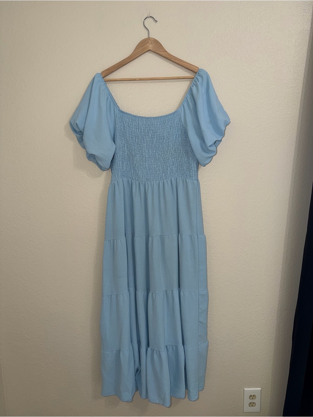Light Blue Puff-Sleeve Smocked Maxi Dress